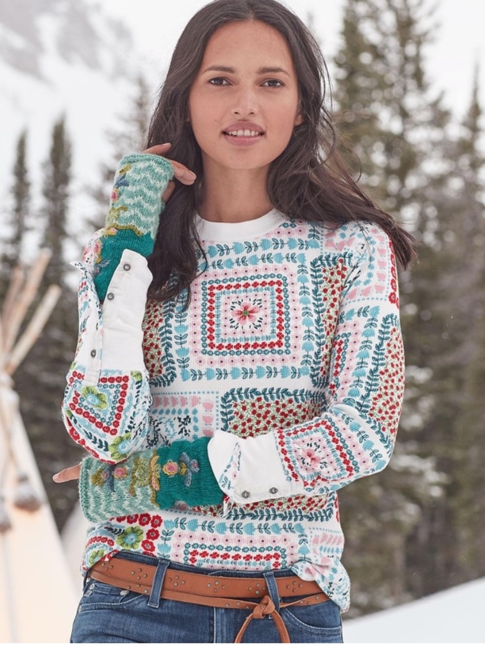 BOGO! Sundance Printed Patchwork Artistic Soul Thermal Pullover White Large